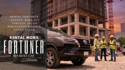 Toyota Fortuner hitam parkir di lokasi proyek konstruksi dengan tim insinyur, layanan rental Fortuner Jakarta dari Ria Rent Car